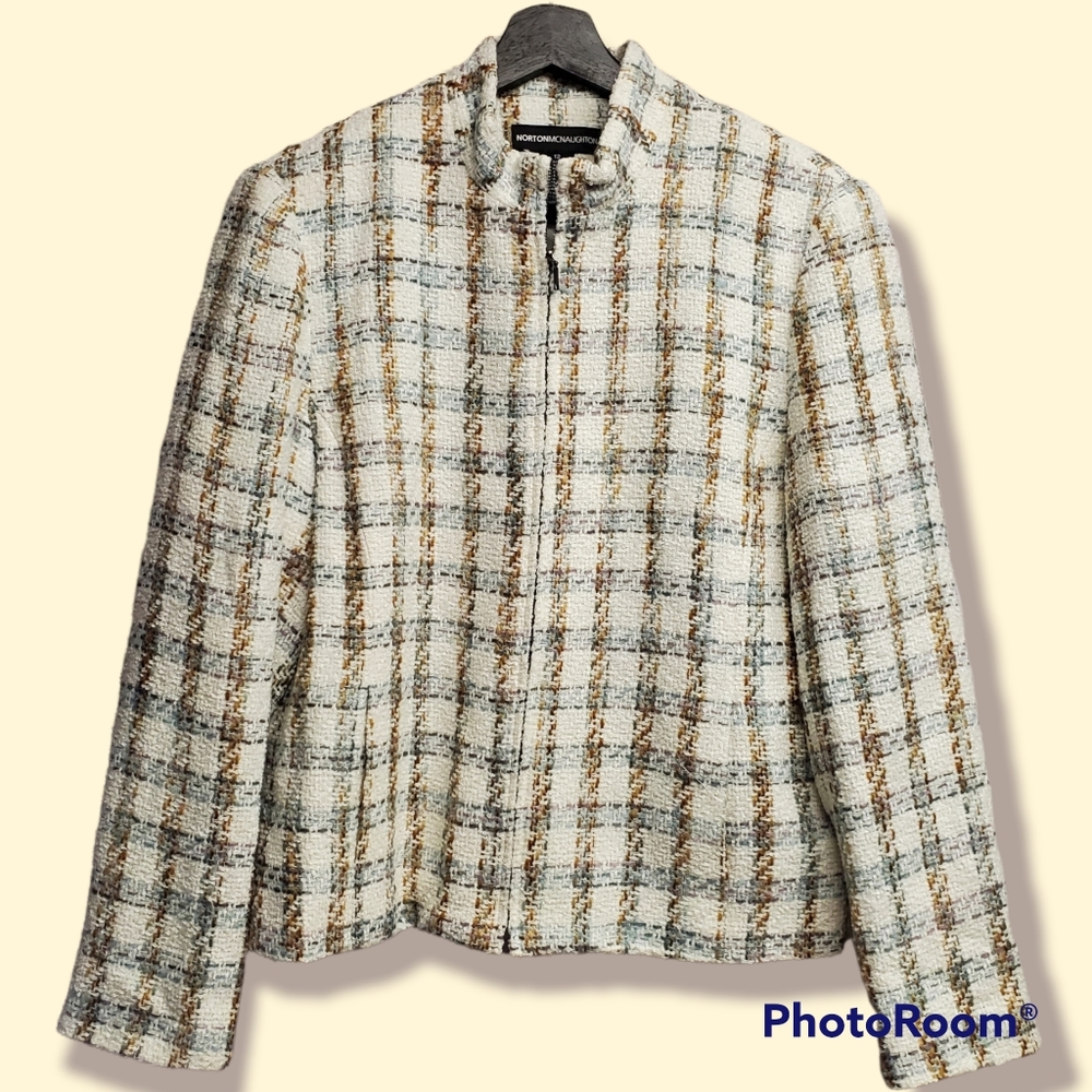 Norton McNaughton Tweed Blazer Zip-Up White/Blue/Tan Size 12 NWOT